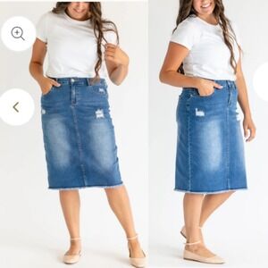 Inherit Hadley High Rise Midi Denim Skirt Womens 11/12 Blue Distressed Modest